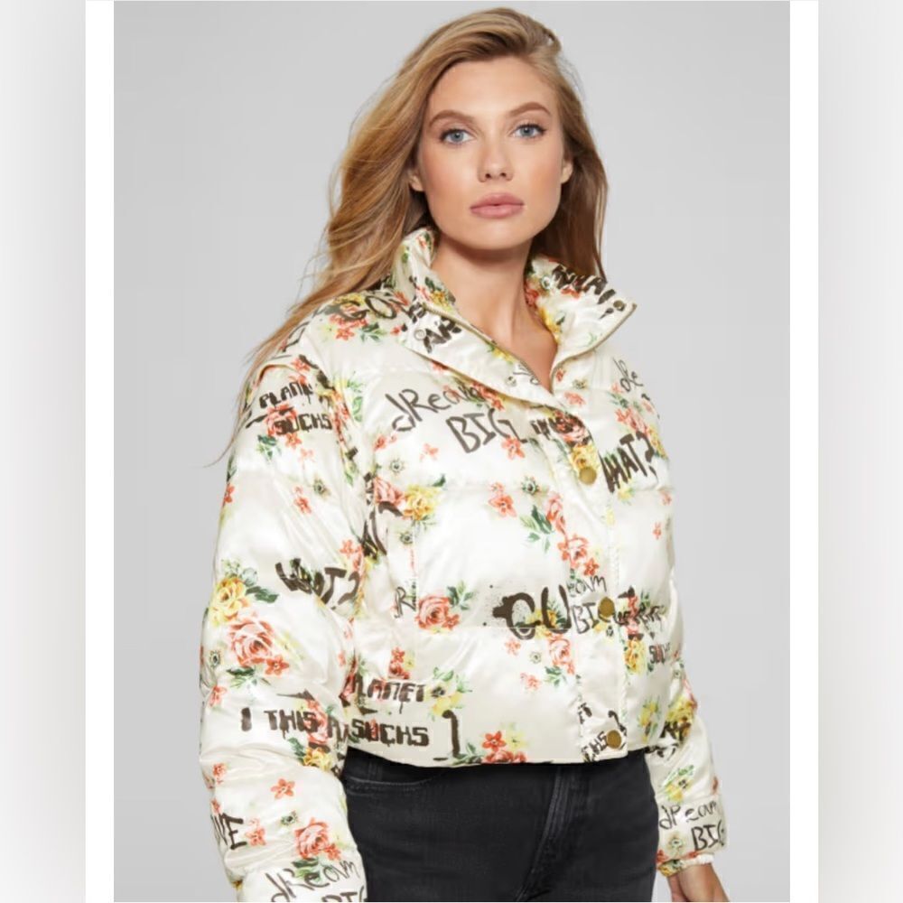 NWT GUESS x Brandalised Wilde Floral Graffiti Puffer Vest Convertible Jacket - Picture 5 of 15